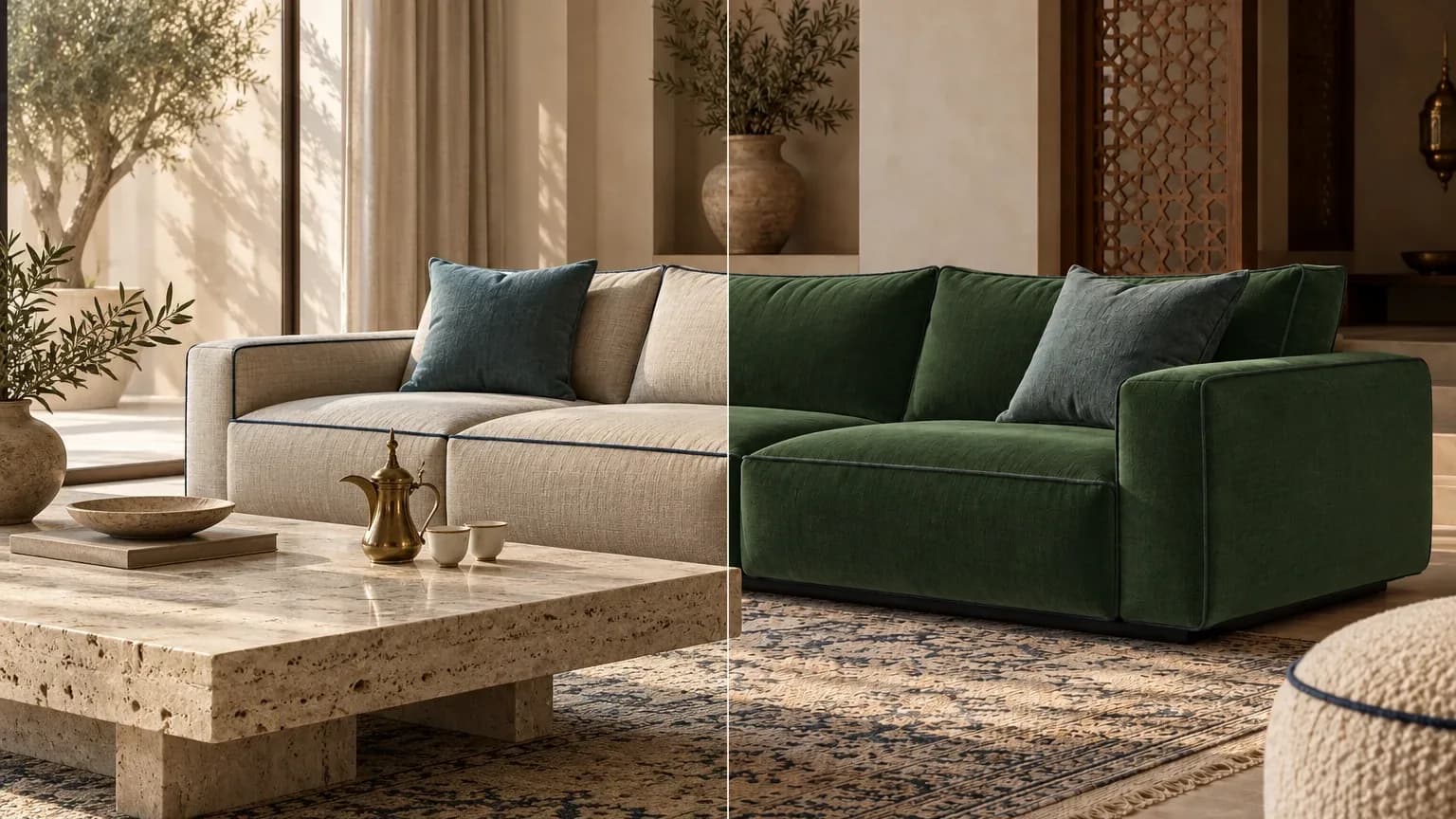 A linen sofa before and after, re-covered in green velvet by the visualiser